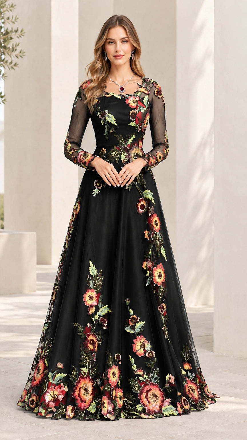 Black floral embroidered long sleeve illusion neckline evening gown