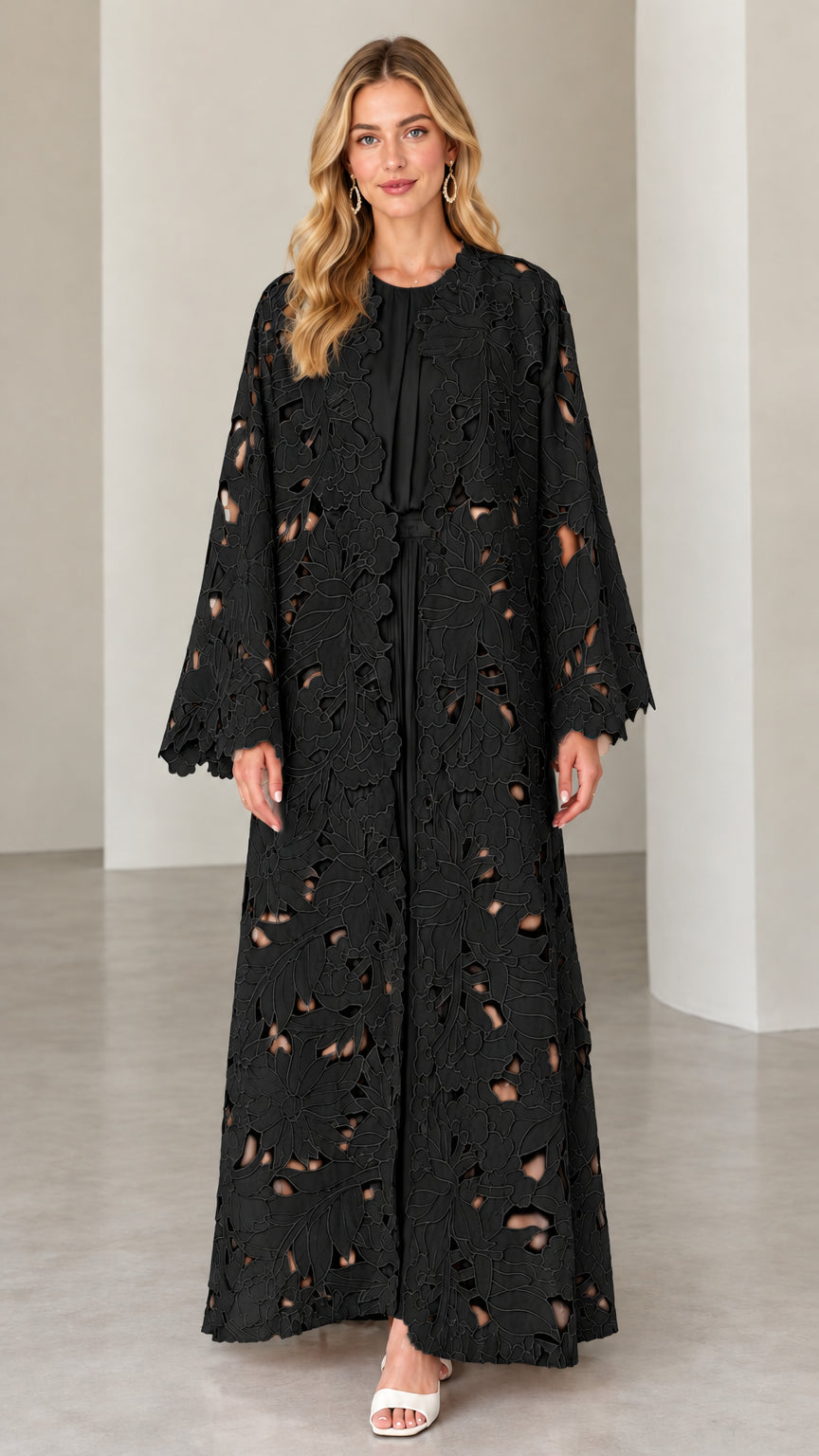 Black floral cutout lace abaya two-piece maxi dress set
