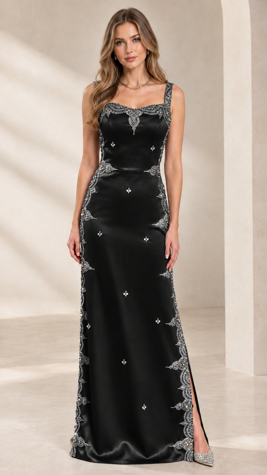Full length black square neck embellished satin formal maxi dress