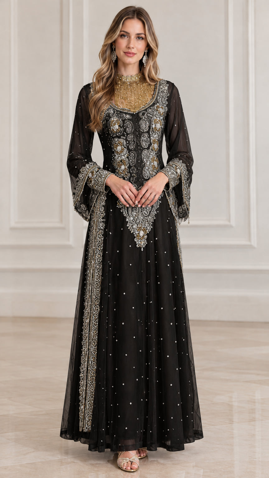 Front view of classic black embellished long sleeve evening gown