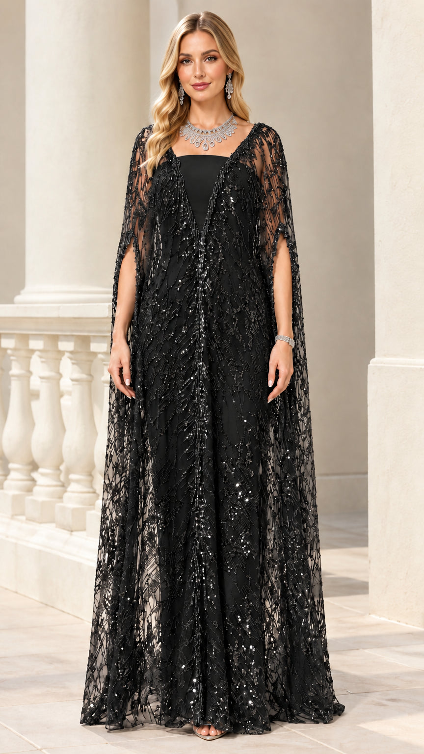Black sequin floor-length cape sleeve evening gown
