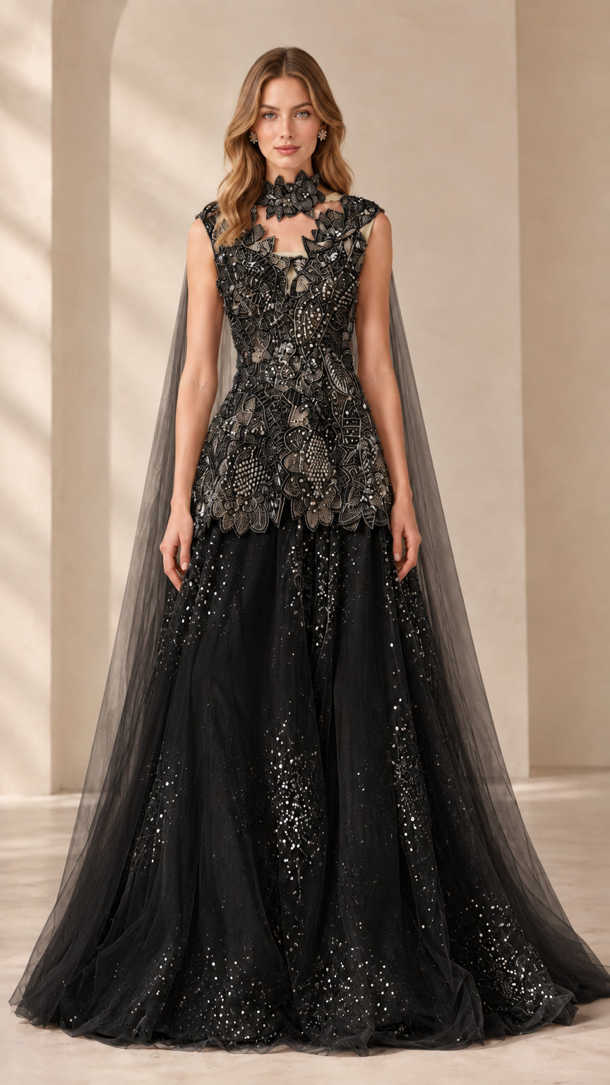 Black floral applique beaded peplum evening gown with sheer cape