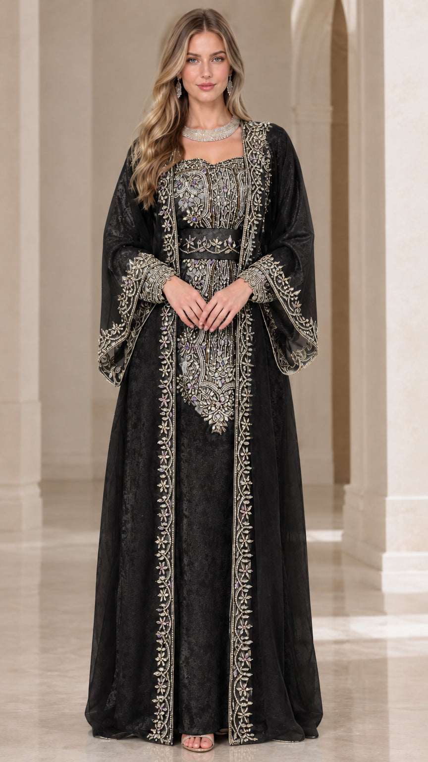 Full front view of black embroidered kaftan maxi dress with silver embroidery