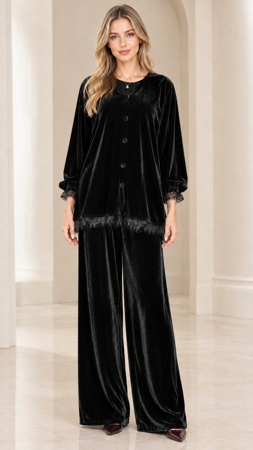 Full-length front view of women's black velvet lace trim two-piece pajama set
