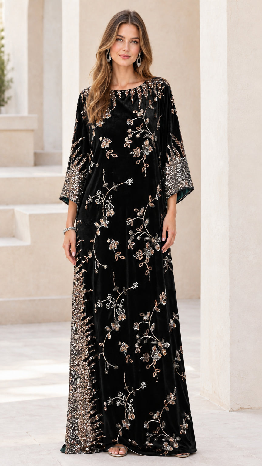 Front view of black embellished velvet kaftan maxi dress