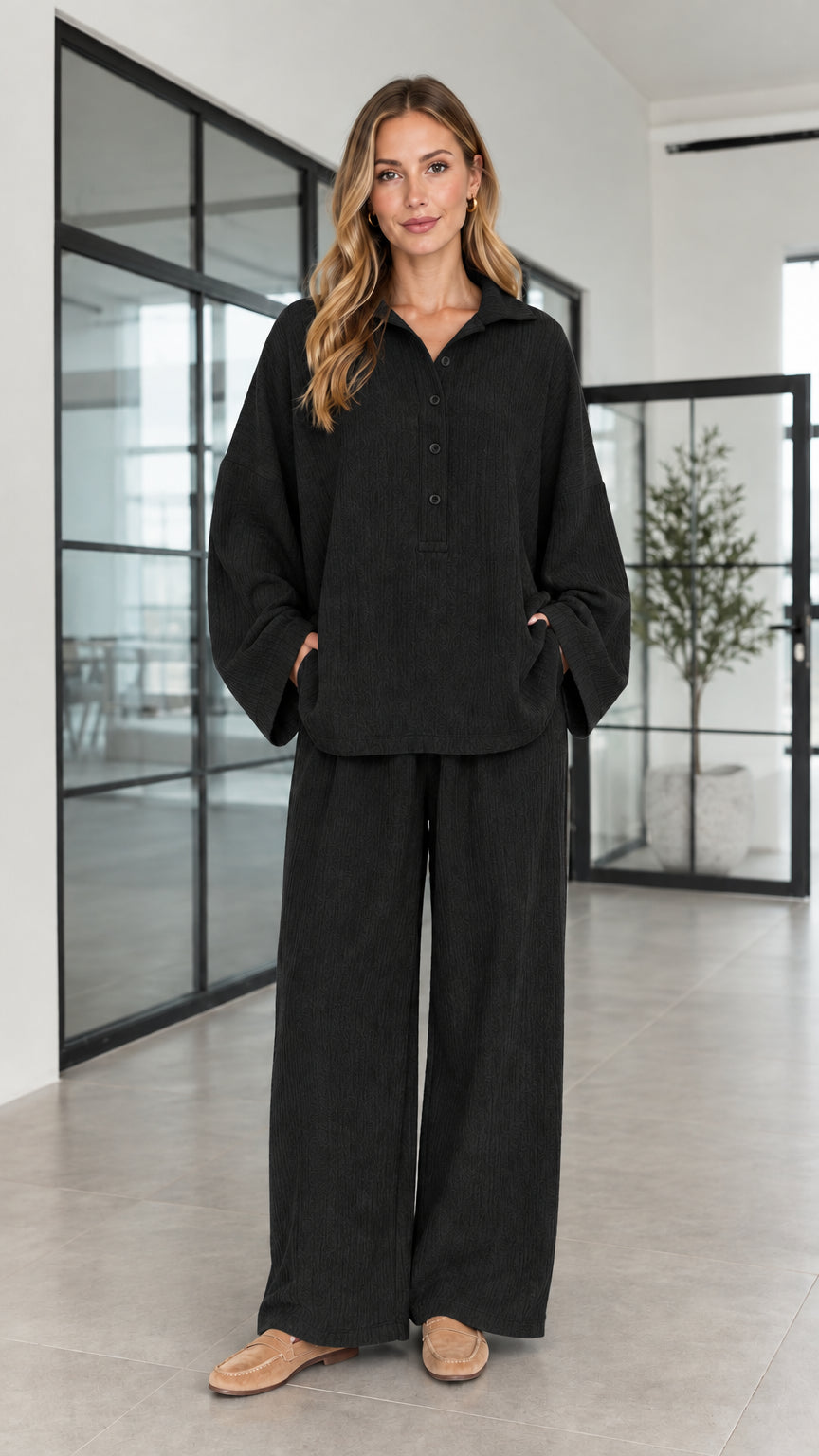 Women's black textured long-sleeve henley matching lounge pants set