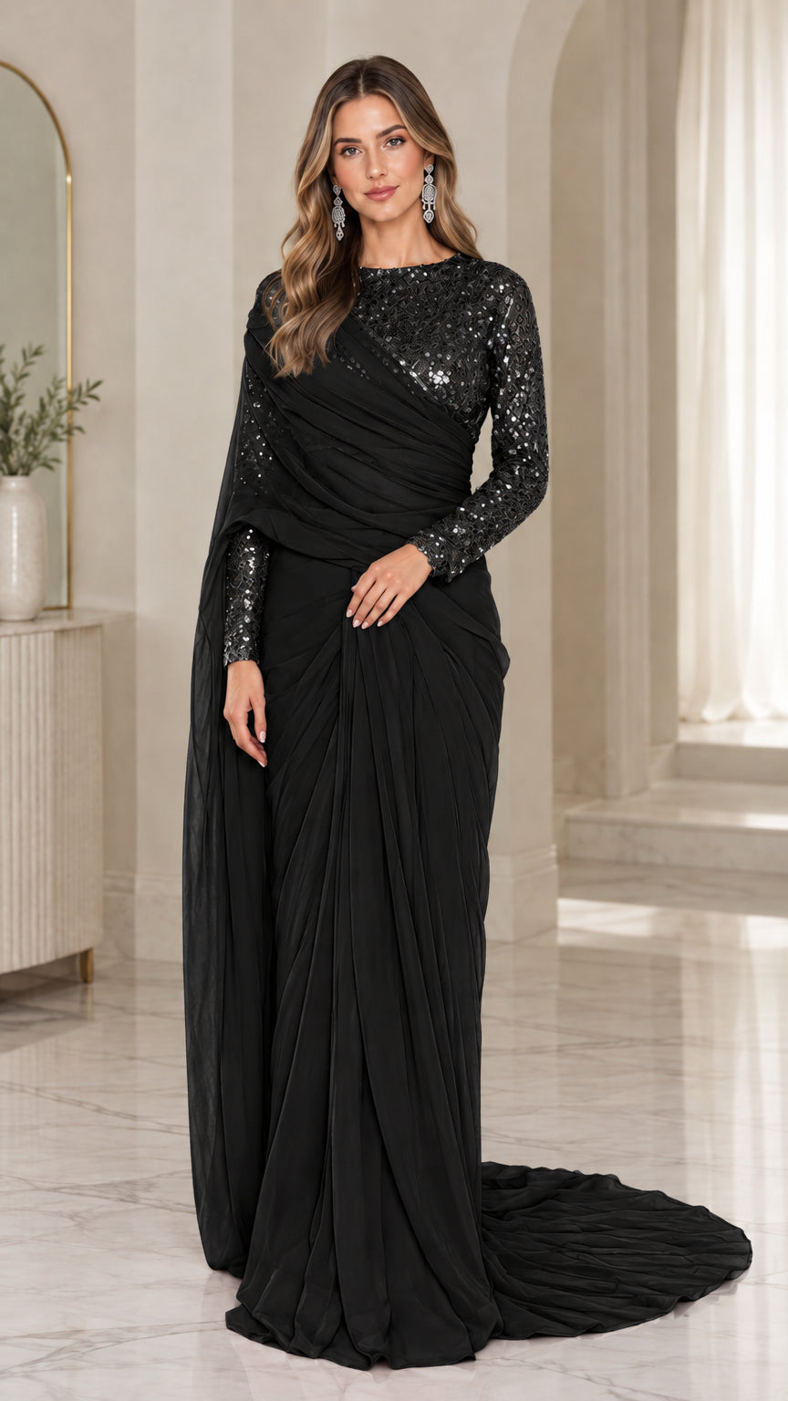 Black sequin bodice long sleeve draped evening gown full length