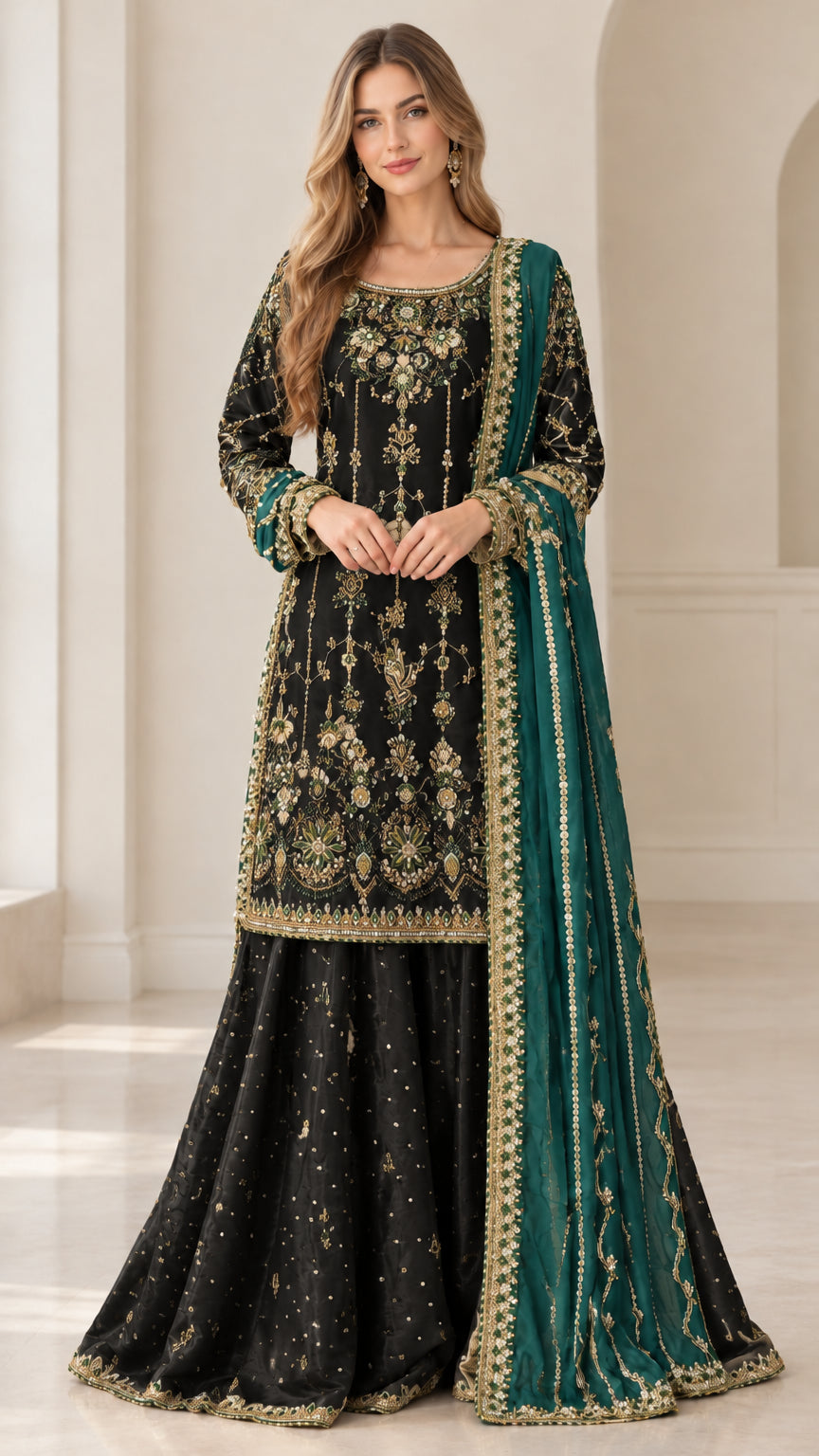Full front view of black embroidered sharara suit with contrast green dupatta