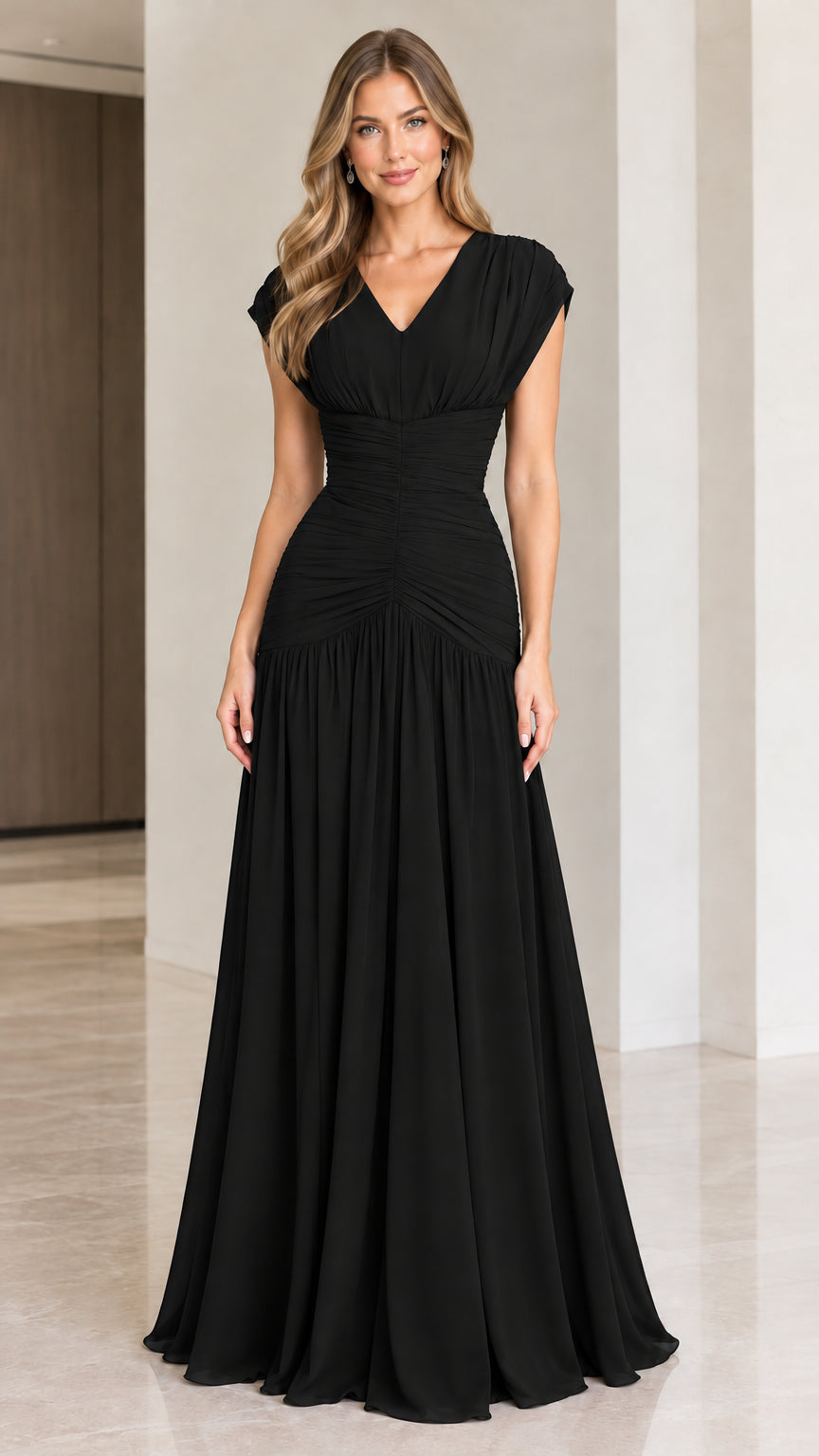 Model wearing classic Black V-neck ruched formal evening gown