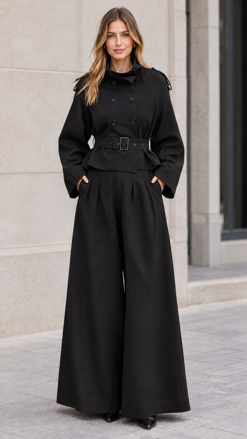 Front view of woman wearing black cropped trench jacket and wide-leg pants set