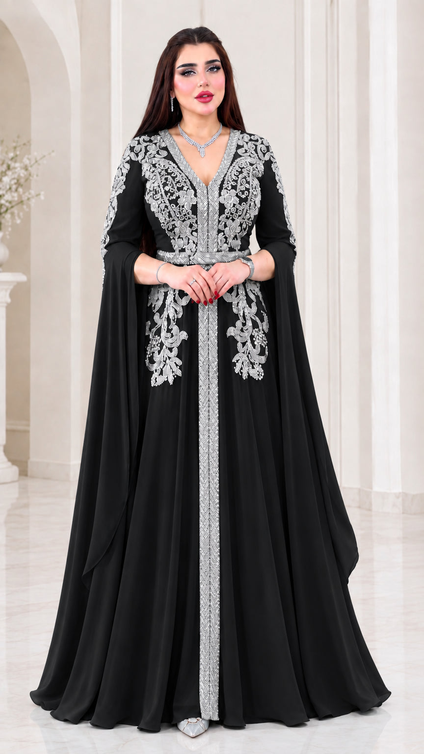 Black embroidered cape sleeve kaftan maxi evening dress