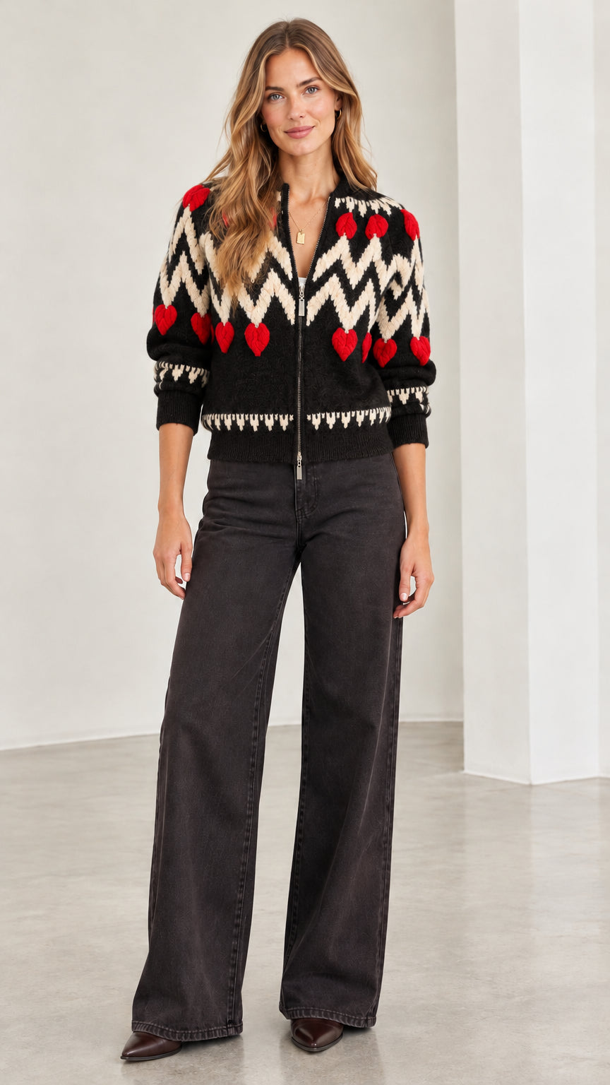 Front view of woman wearing black chevron and red heart zip-up knit cardigan