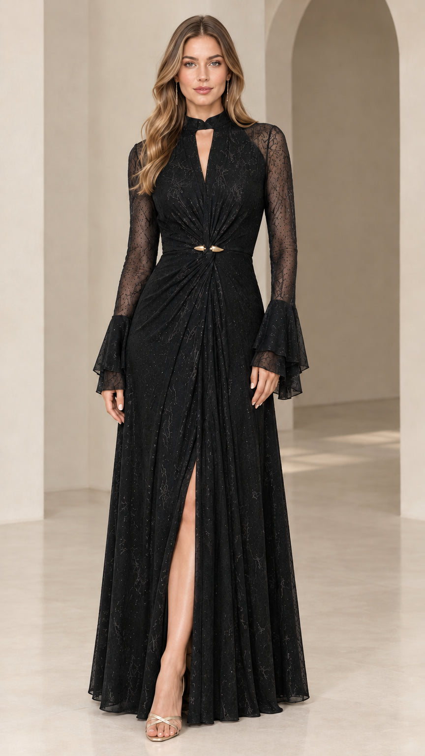 Black long sleeve lace formal gown with keyhole cutout and front slit