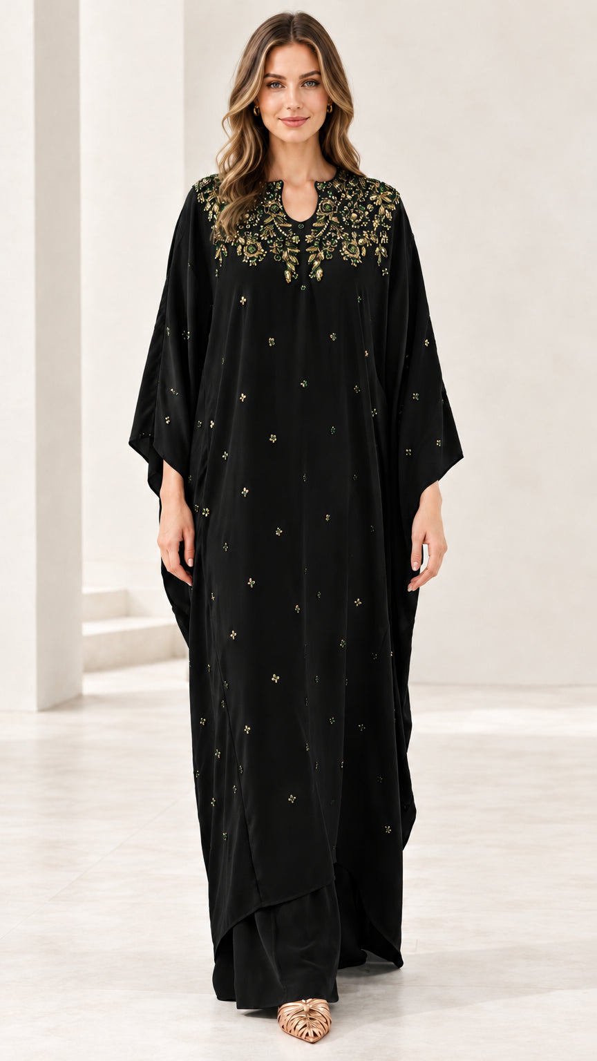 Front view of black embroidered beaded kaftan maxi dress