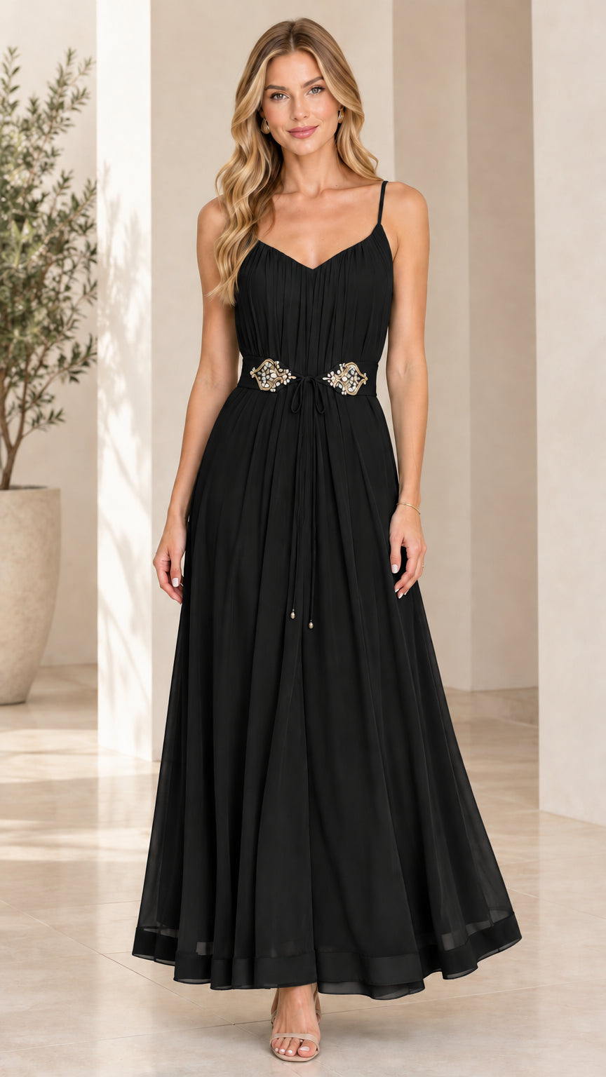 Front full-length view of black spaghetti strap pleated chiffon maxi evening dress