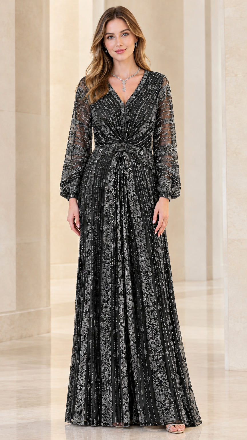 Black embellished long sleeve V-neck maxi evening gown