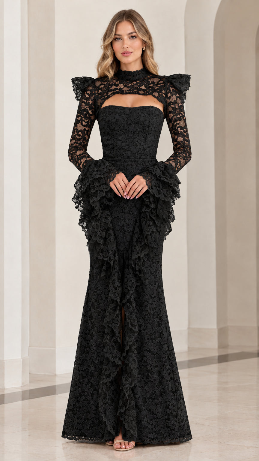 Front view of black tiered ruffle lace evening gown with high neckline