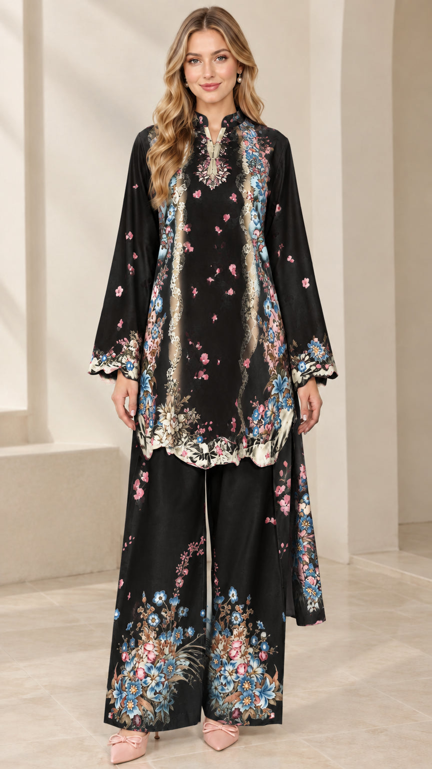 Full front view of black floral print tunic and wide leg trousers set