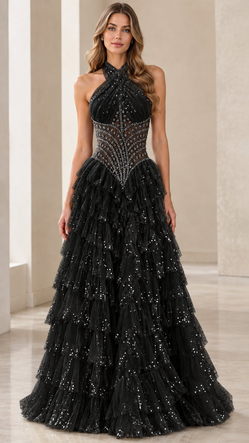 Model wearing a Black halter neck sequin tiered tulle evening gown