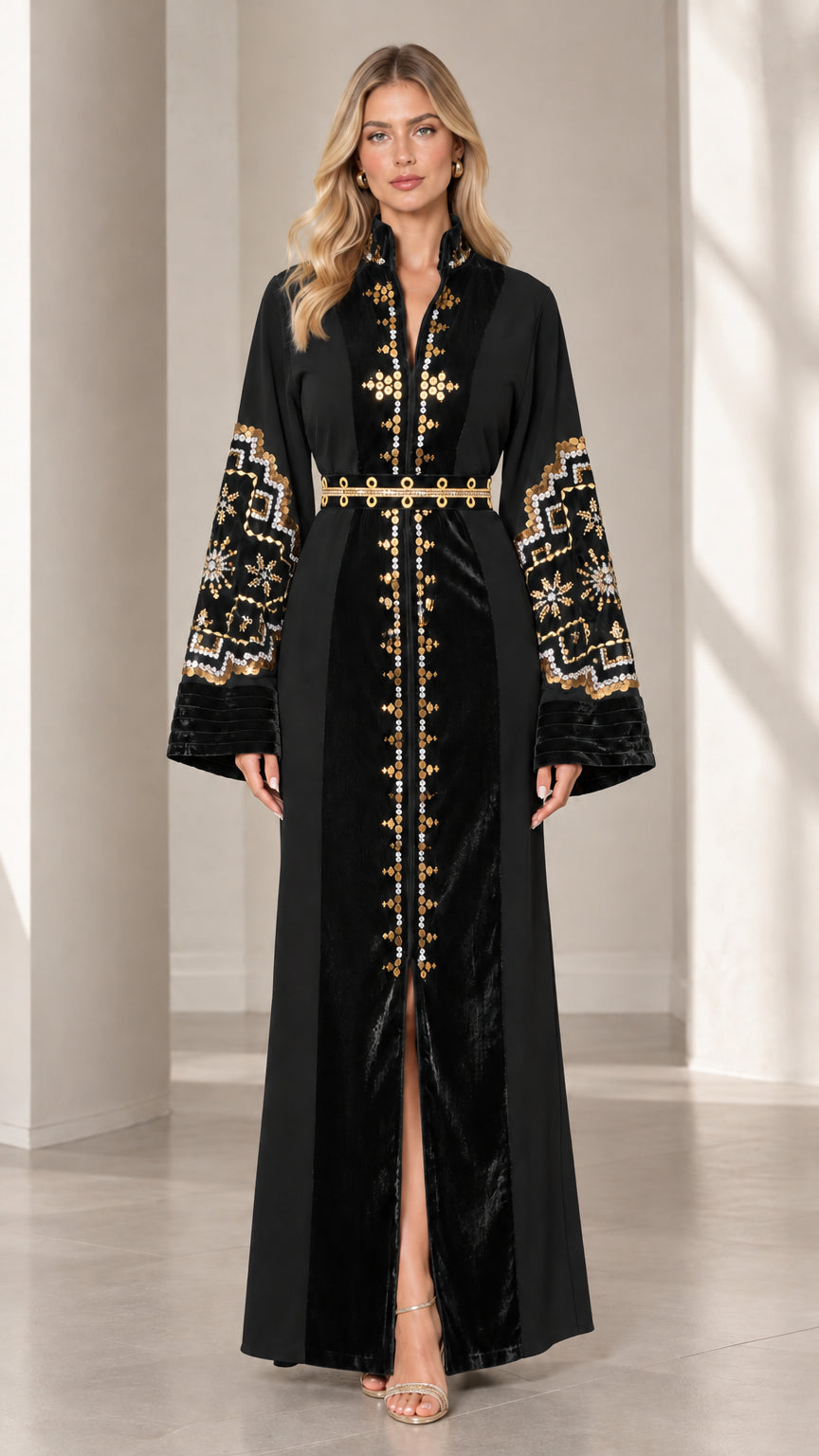 Front view of woman wearing black embroidered velvet kaftan maxi dress with gold belt