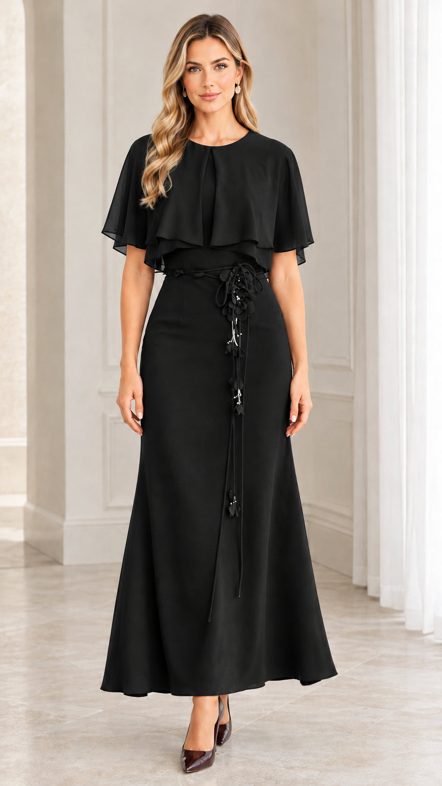 Front view of black chiffon capelet maxi dress