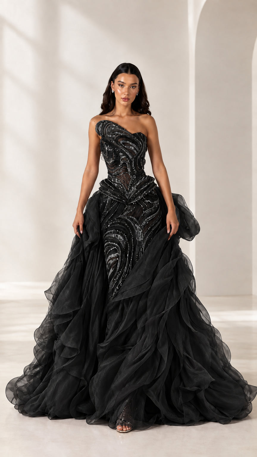 Front full-length view of model wearing black embellished one-shoulder ruffle evening gown