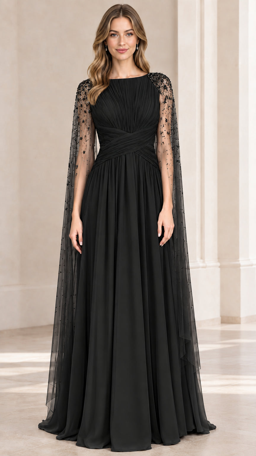 Black pleated evening gown with sheer beaded cape sleeves