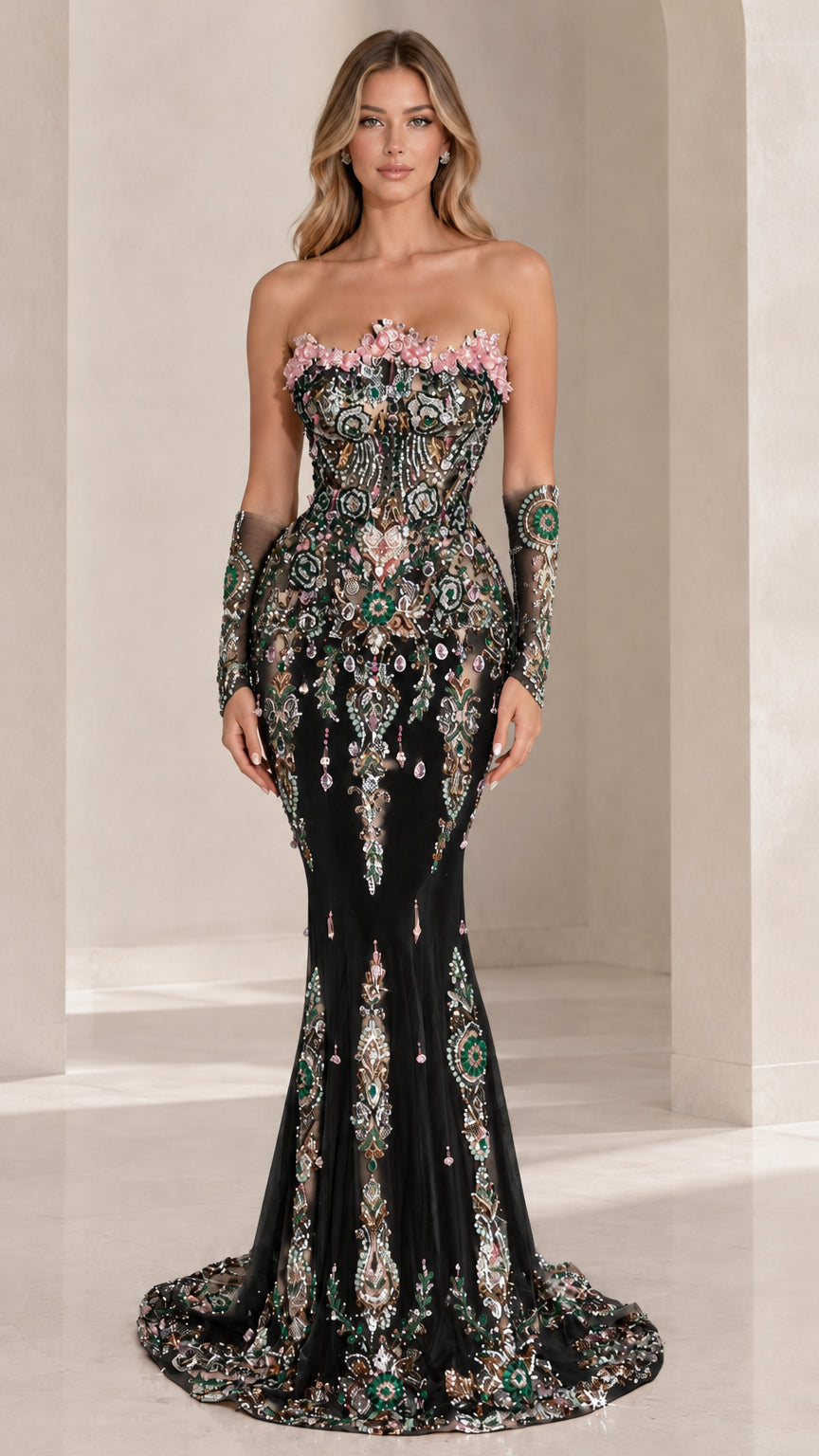 Front view of black strapless crystal embellished mermaid evening gown