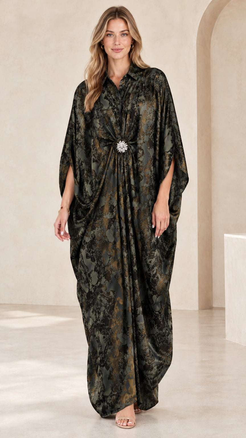 Black printed collared kaftan maxi dress with center crystal brooch