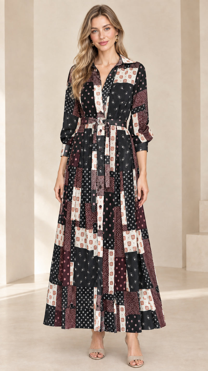 Front view of model wearing Black Multi long sleeve patchwork maxi shirt dress