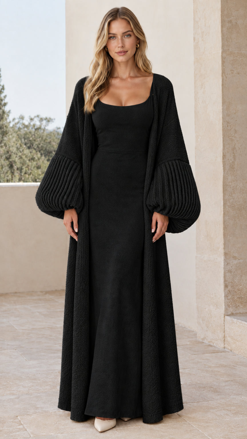 Classic black square neck maxi dress with matching balloon sleeve long cardigan