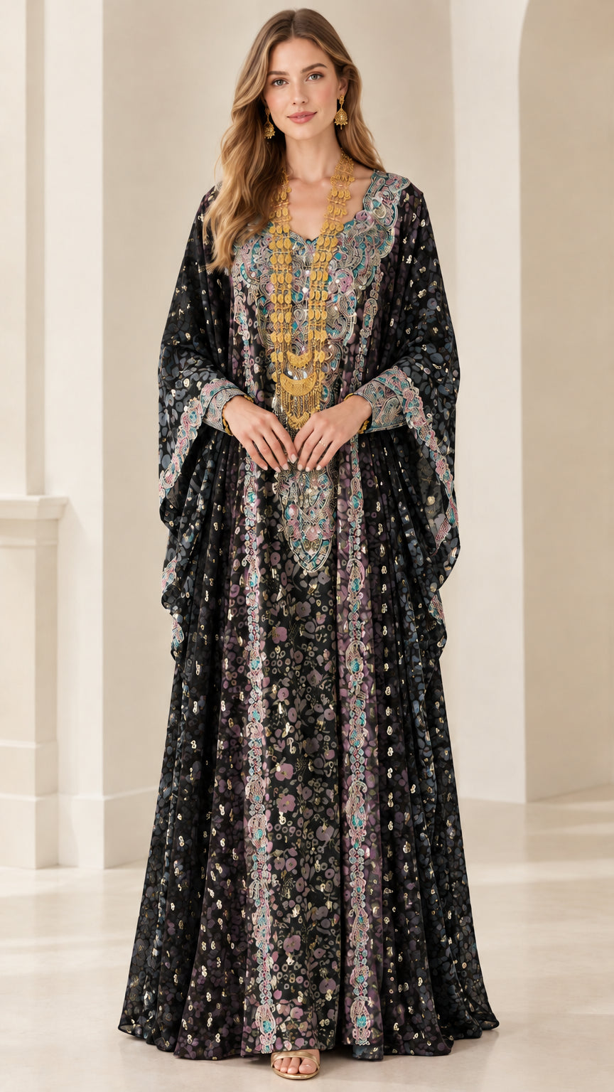 Full-length view of woman wearing Black printed embellished kaftan dress