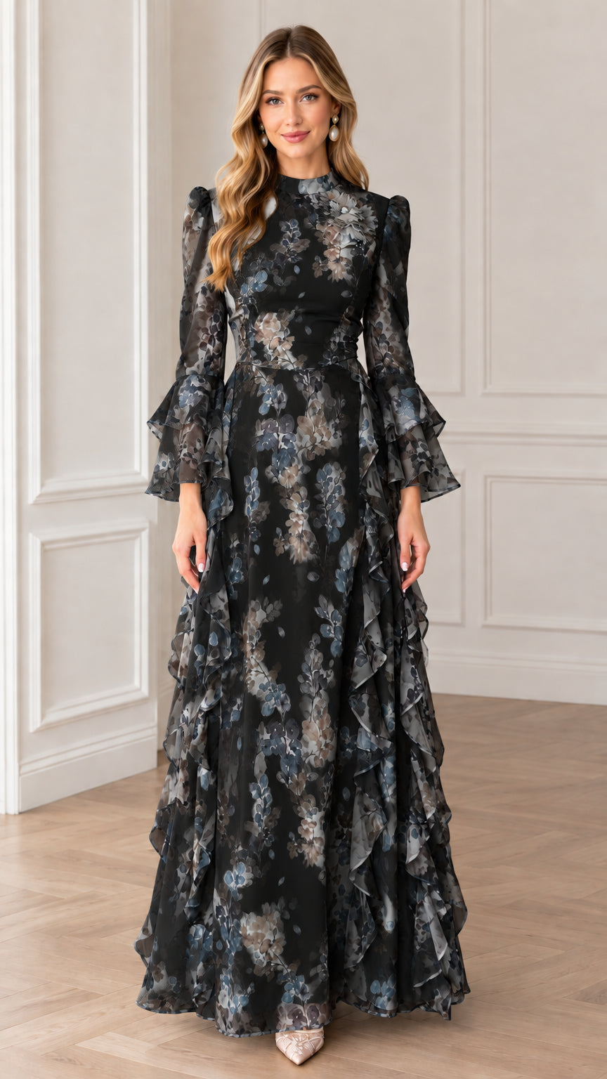Full-length view of Black floral print high neck ruffle maxi dress