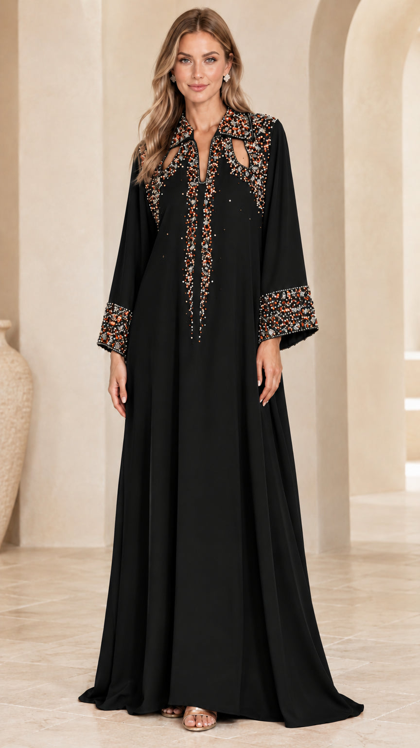 Front view of woman wearing black beaded cutout collar kaftan maxi dress