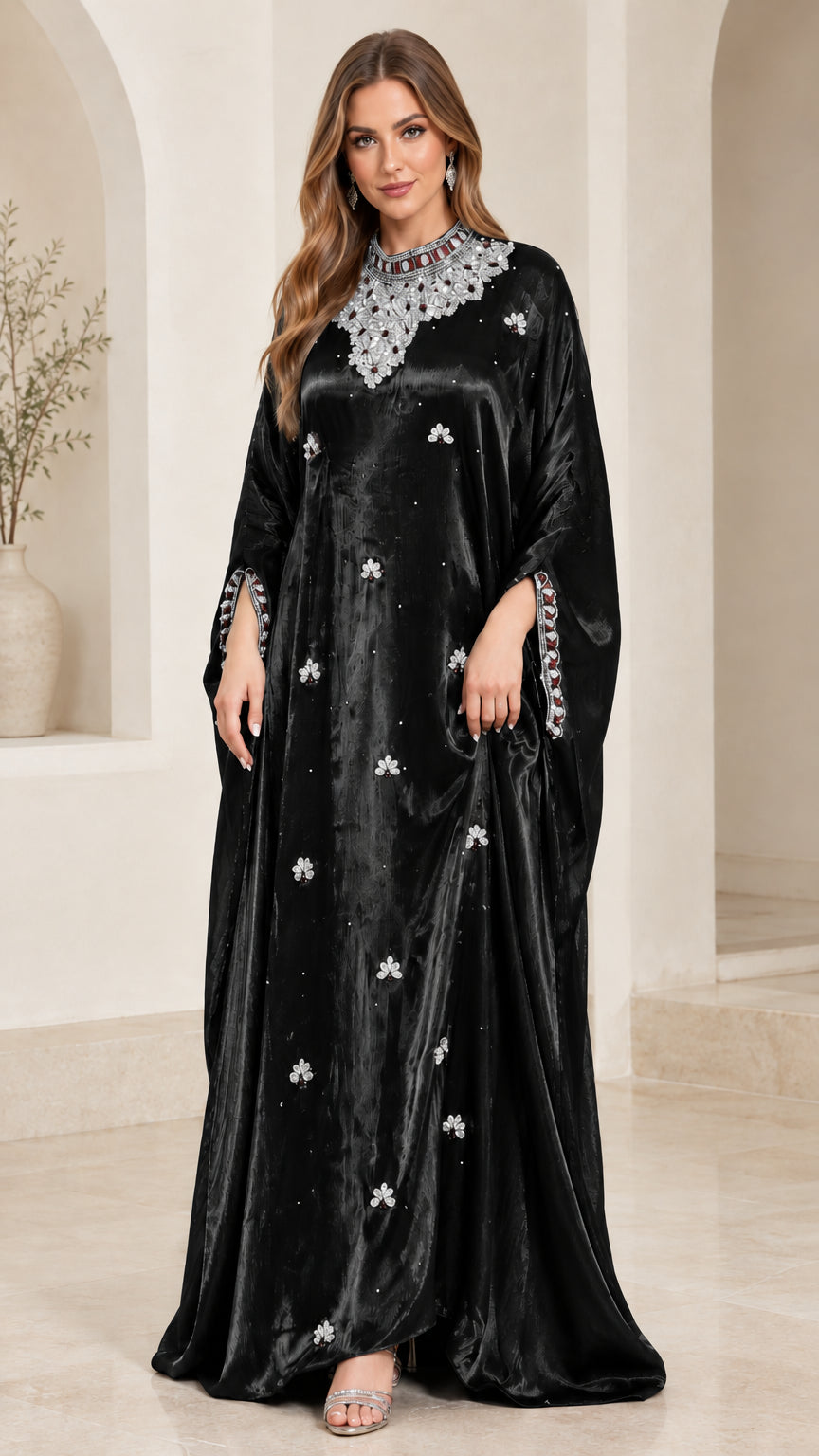 Classic black shimmer kaftan gown with sparkling crystal embellished neckline
