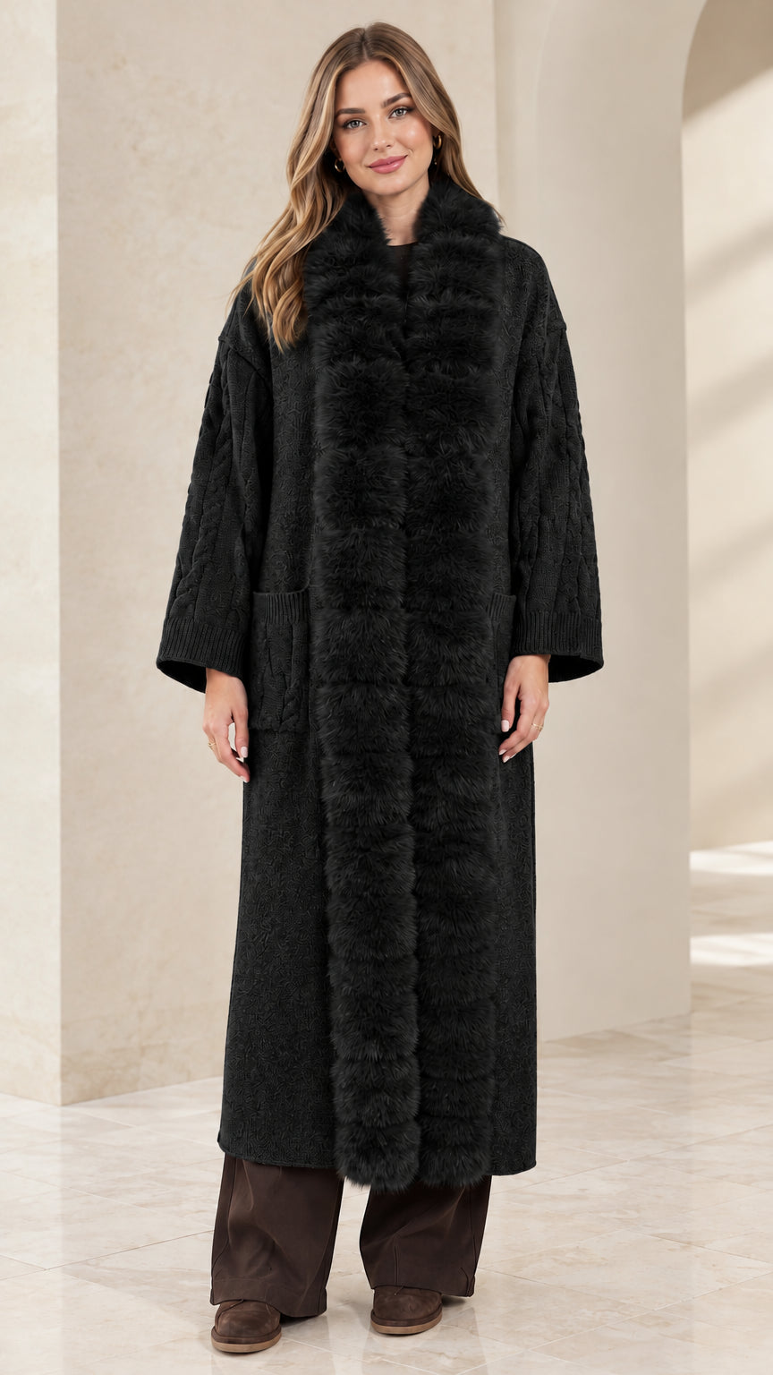 Black faux fur trim long open front knit coat