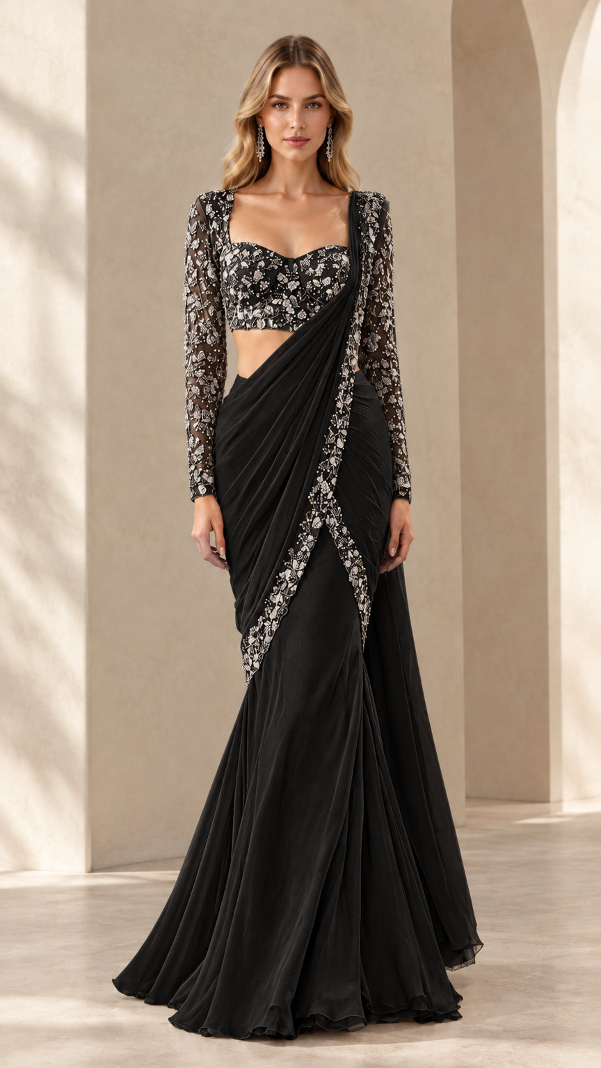 Black embellished long sleeve draped saree evening gown with mermaid skirt