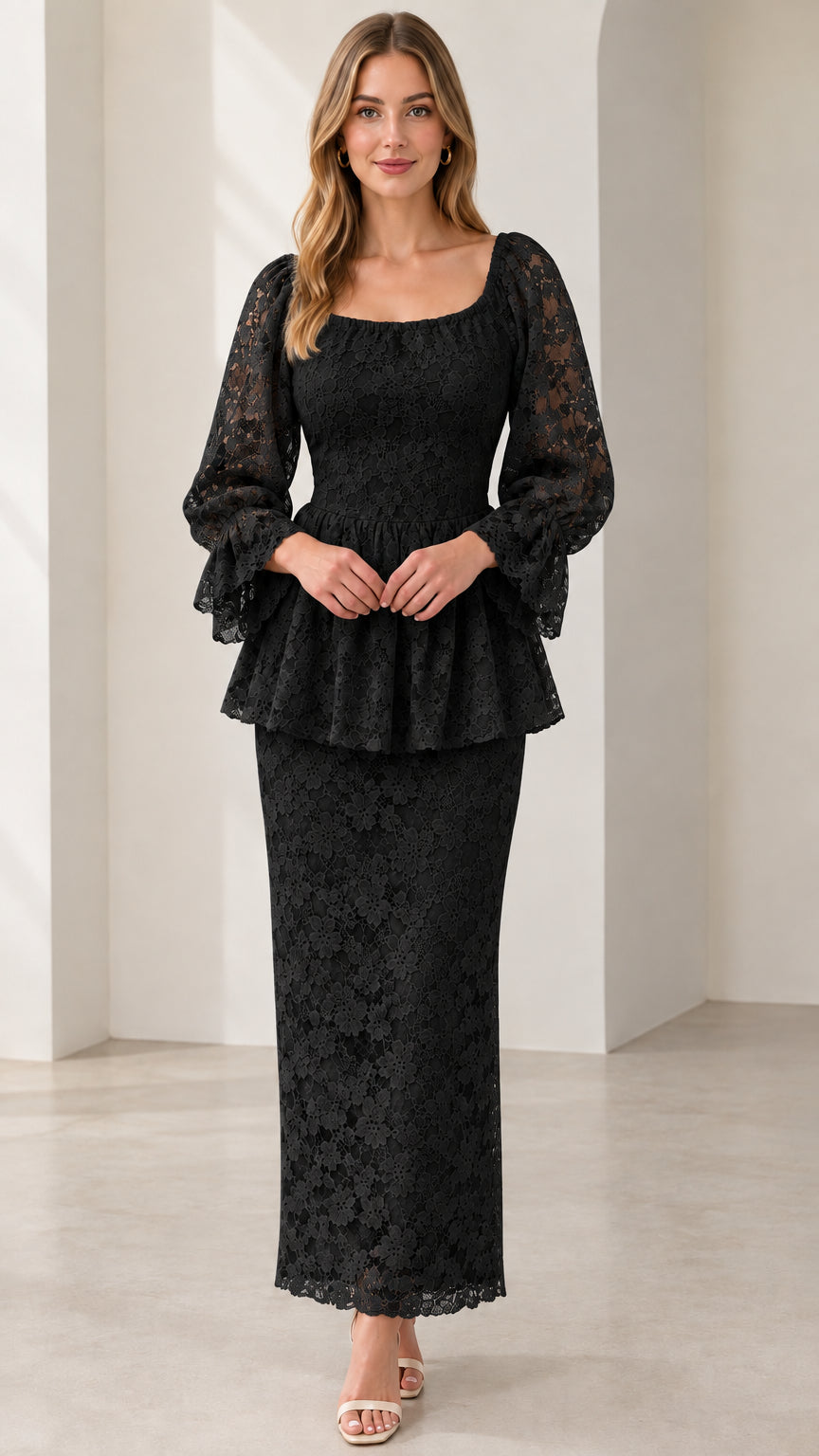Black Floral Lace Peplum Maxi Dress full-length front view