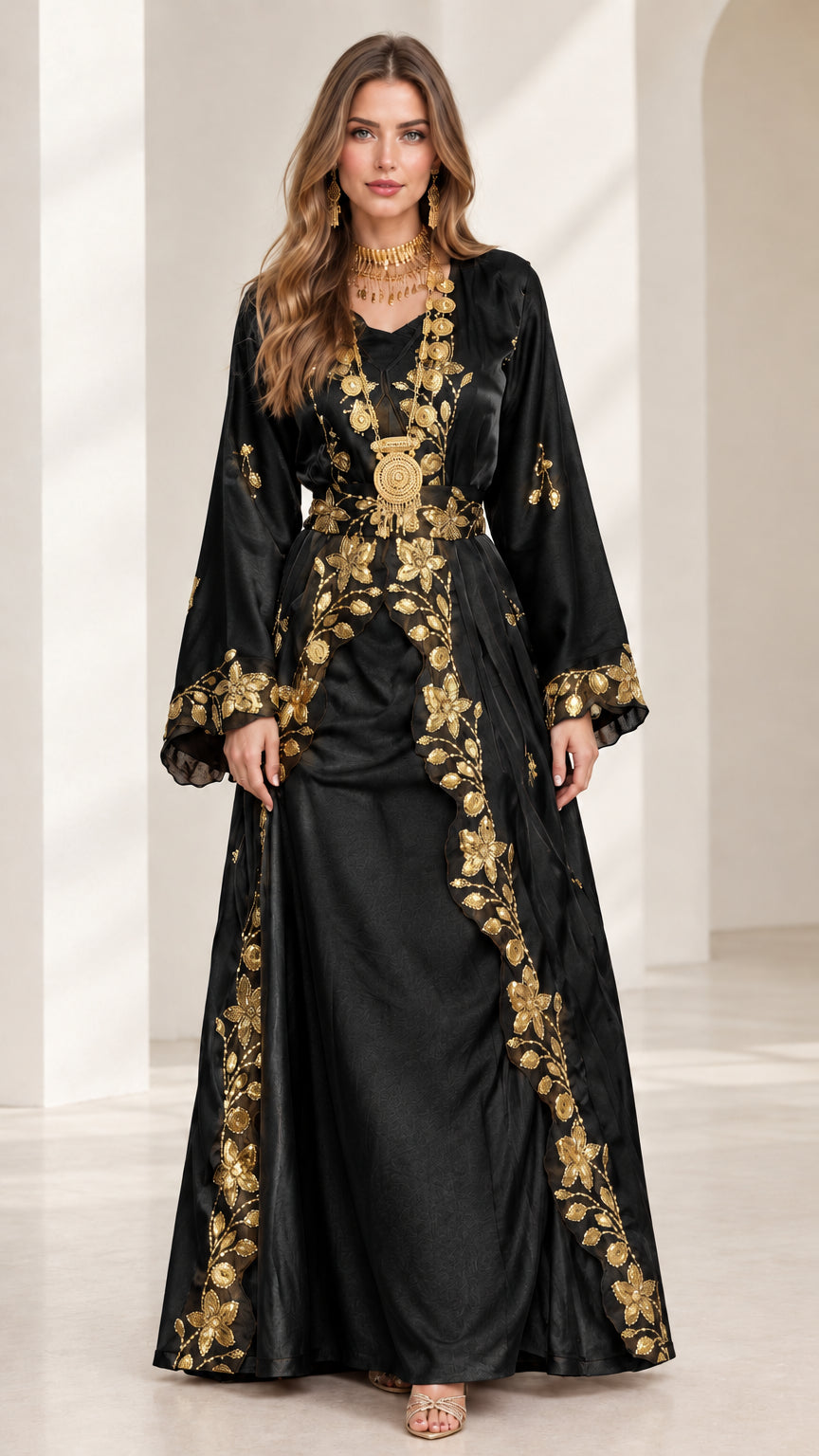 Front view of black satin embroidered kaftan maxi dress with gold trim
