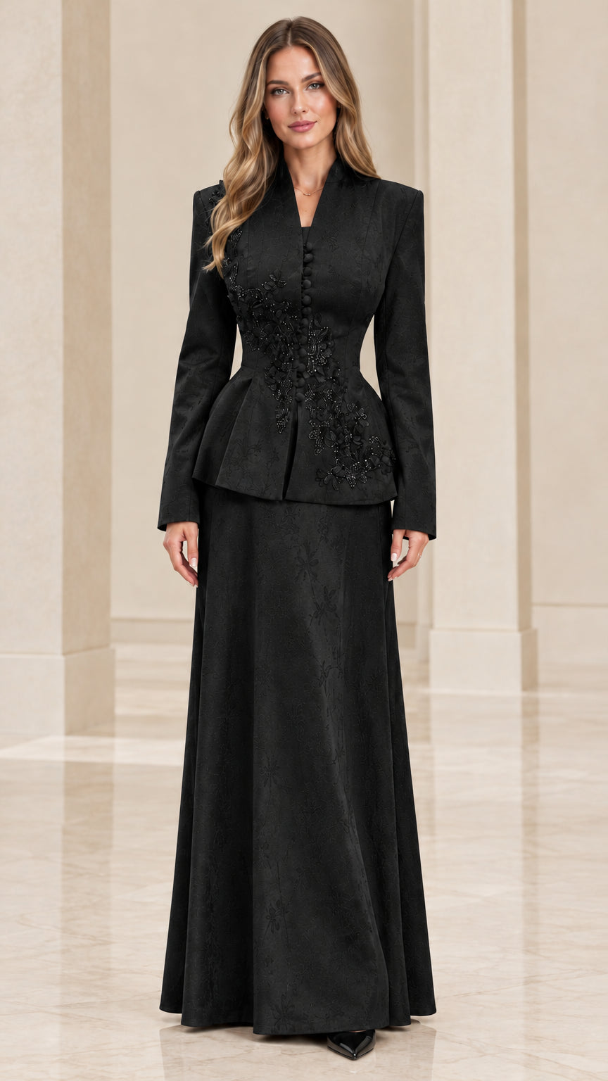 Black embroidered peplum jacket and maxi skirt two-piece evening suit