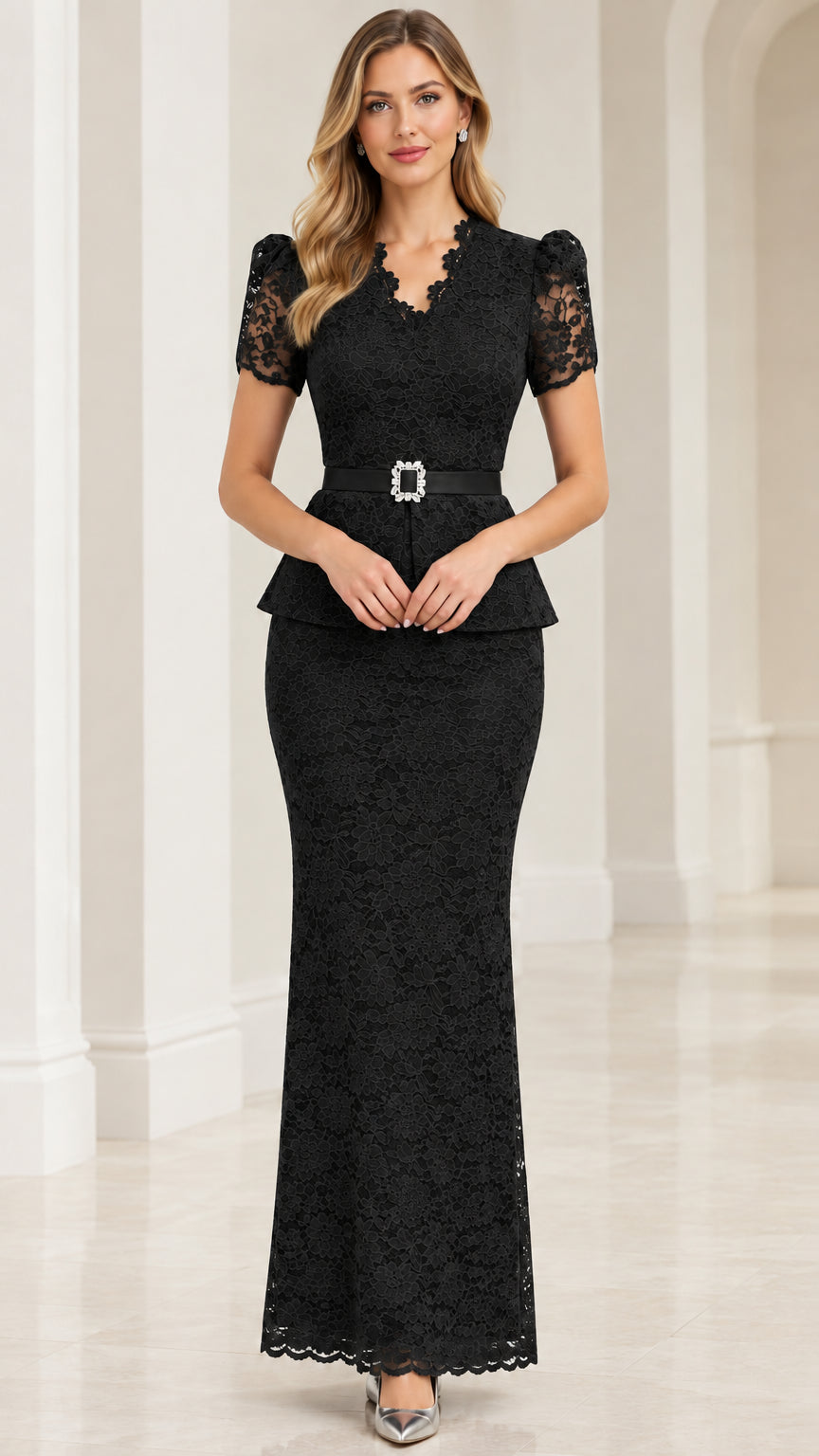Model wearing black lace peplum maxi dress with crystal-accented belt