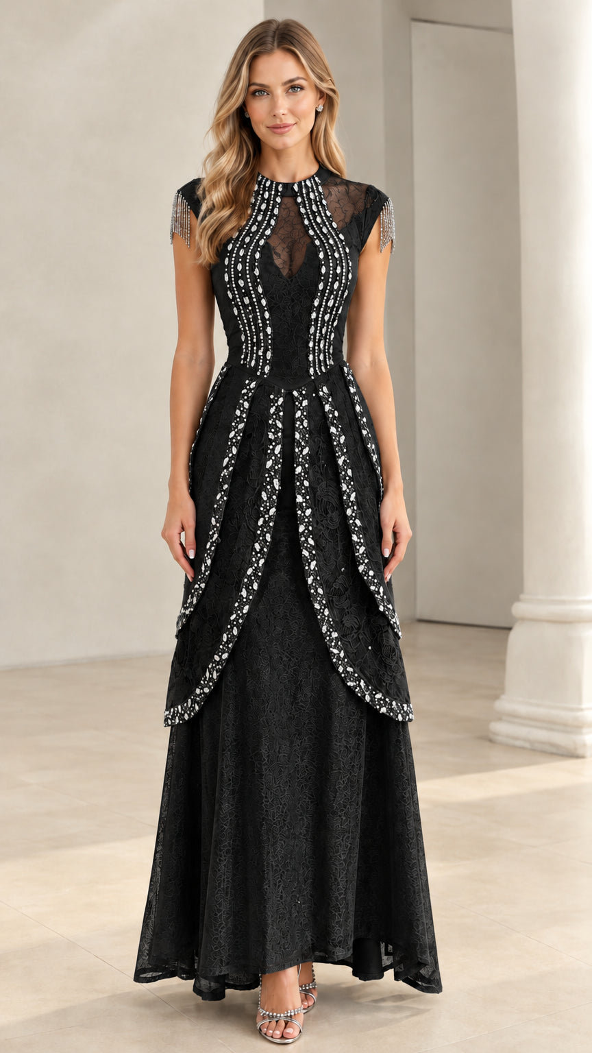 Black lace evening gown with sparkling crystal accents and beaded fringe sleeves