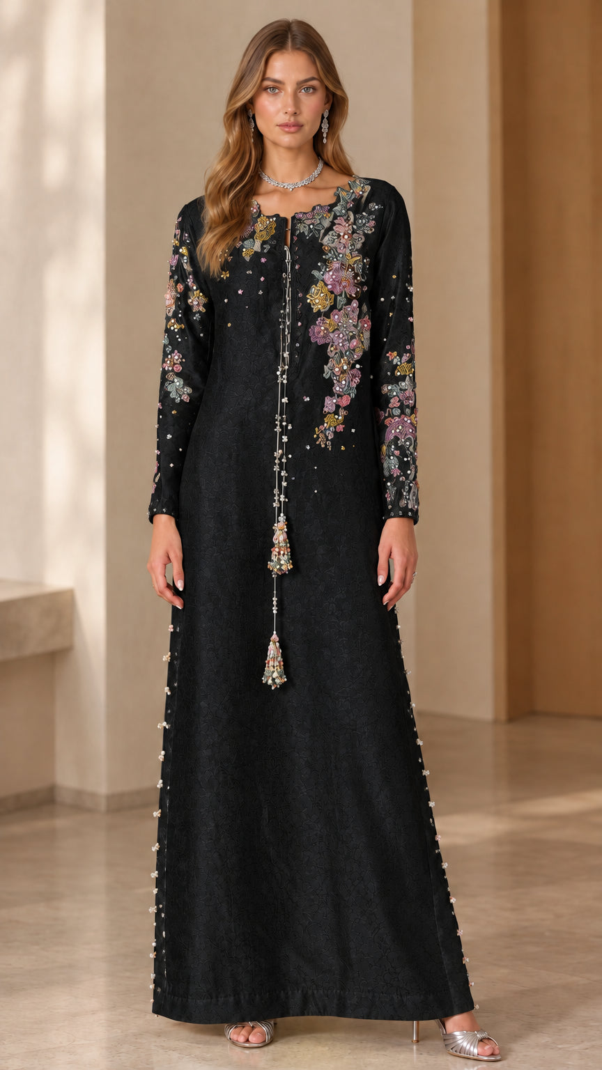 Black long sleeve embroidered maxi kaftan dress with floral details