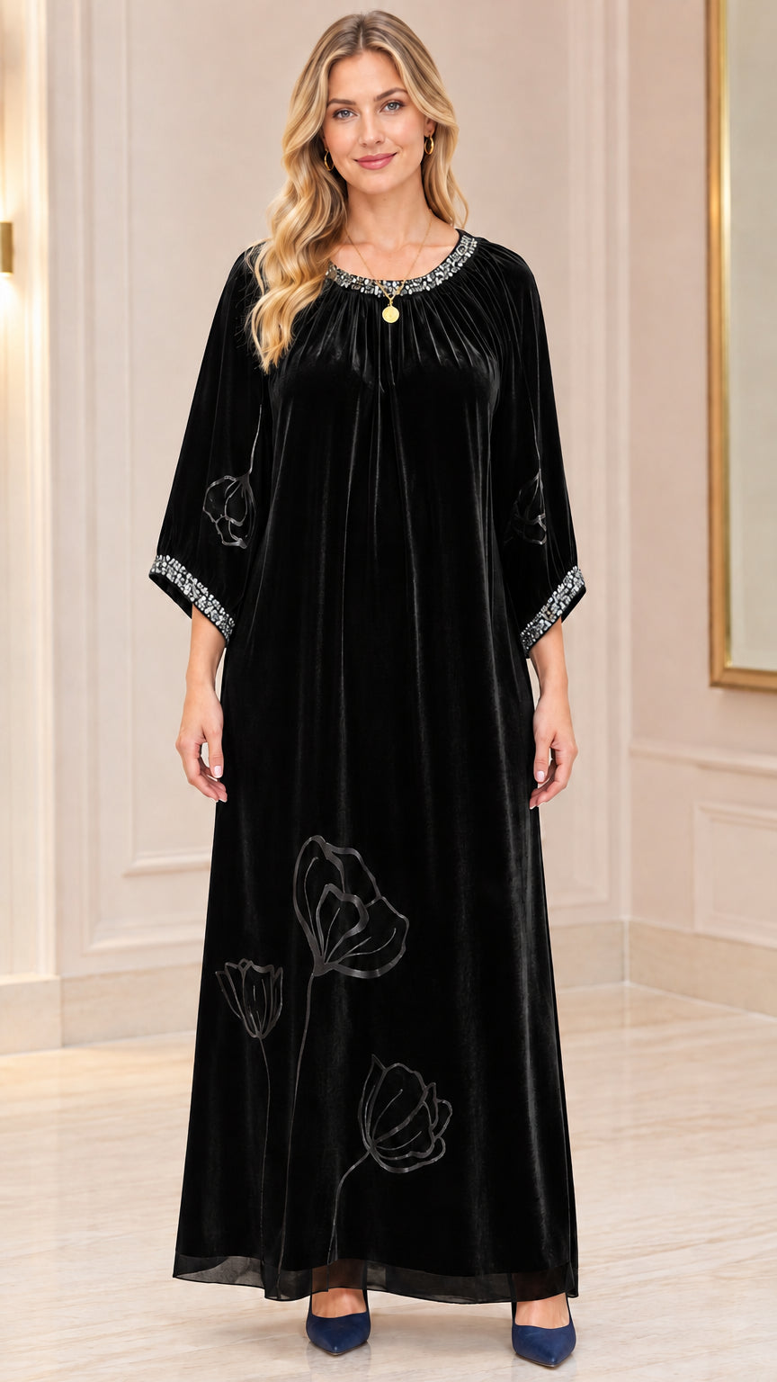 Black embellished velvet maxi caftan dress front view