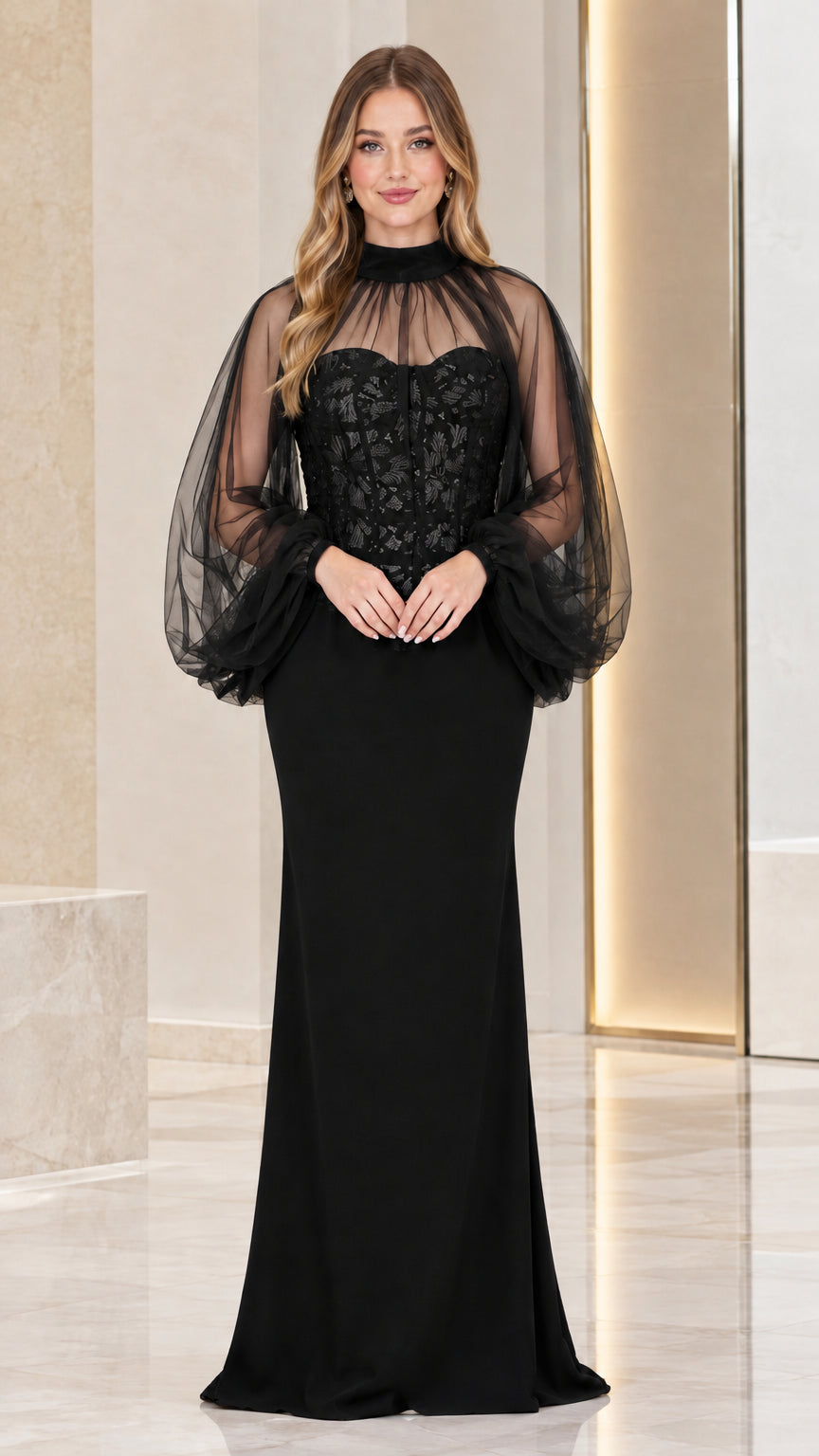 Black sheer high neck formal evening gown with lantern sleeves
