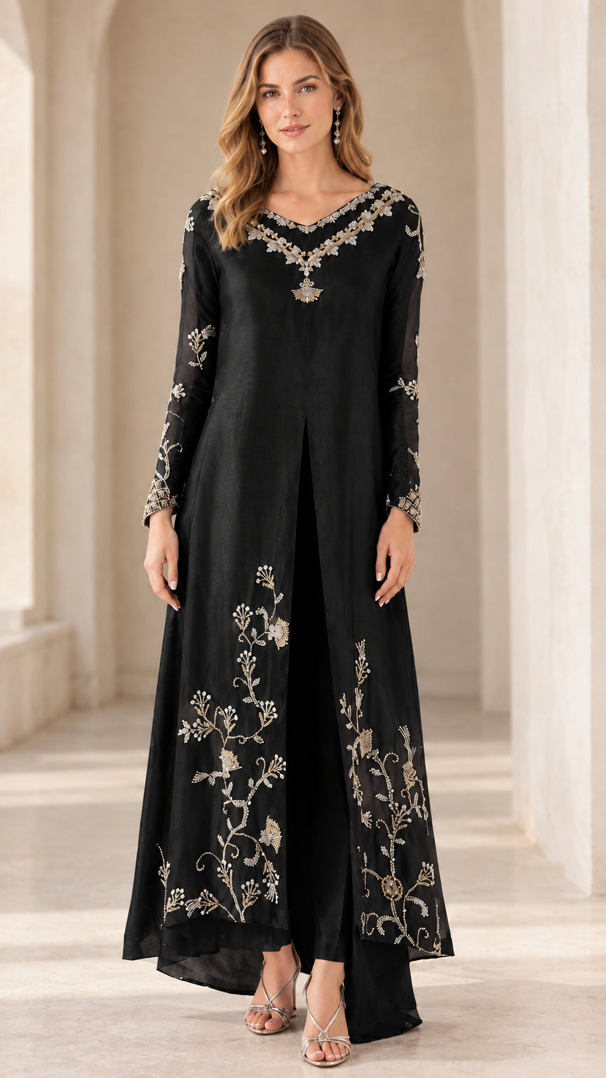 Full-length front view of black embroidered long tunic and pants set