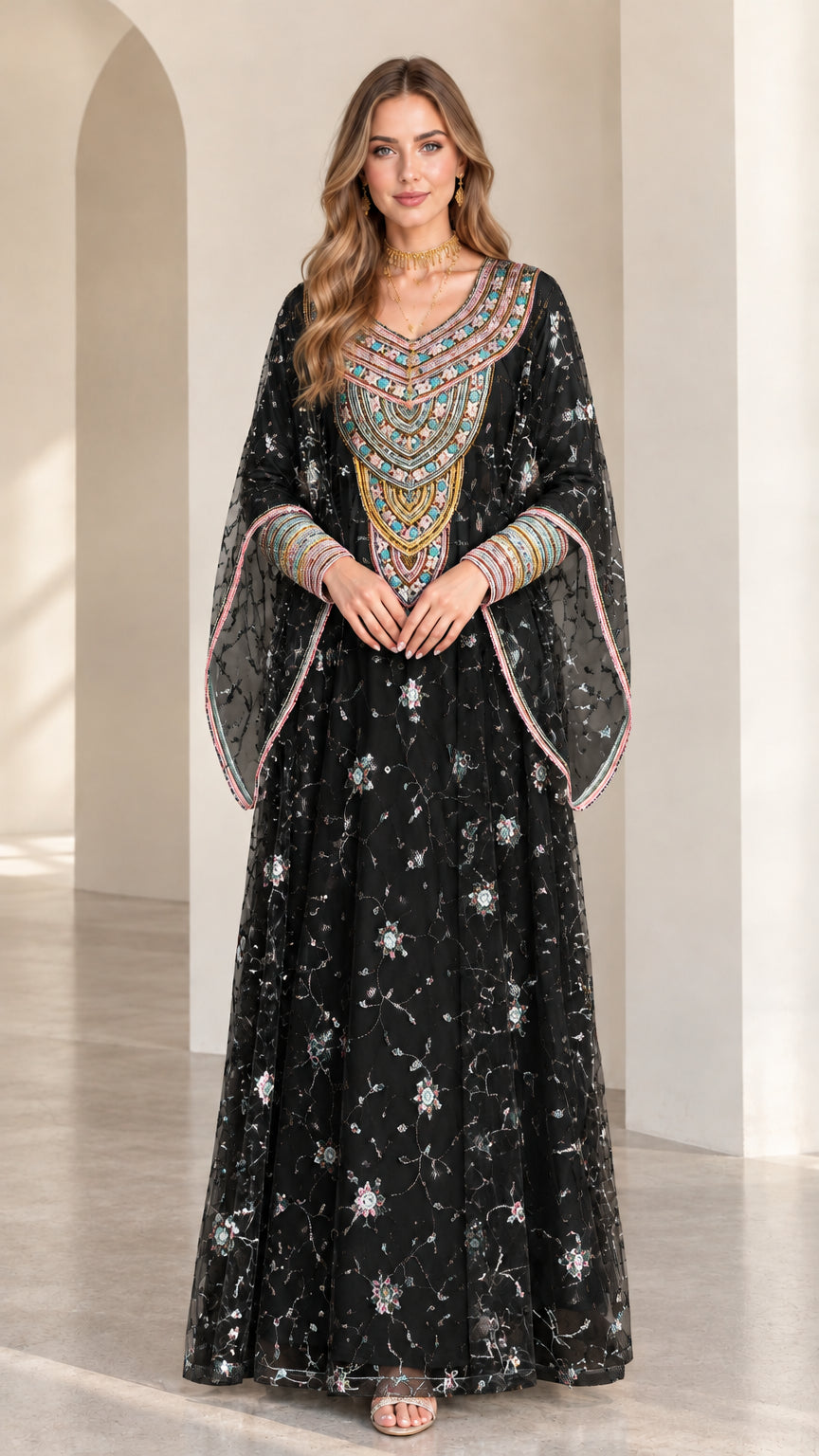 Full front view of black embroidered cape sleeve kaftan maxi dress