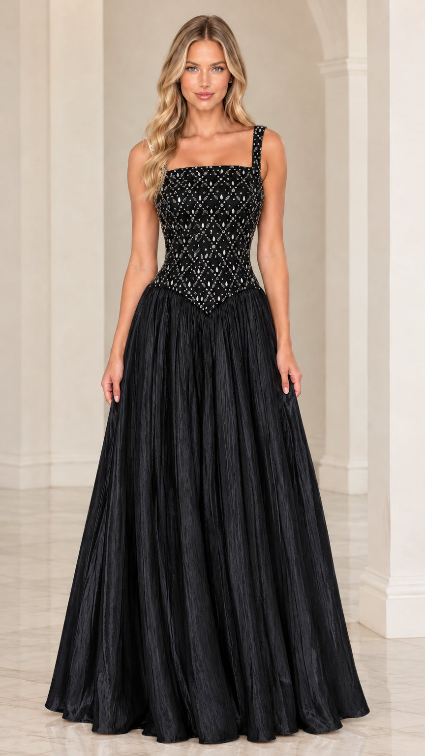 Black crystal-embellished basque waist evening gown