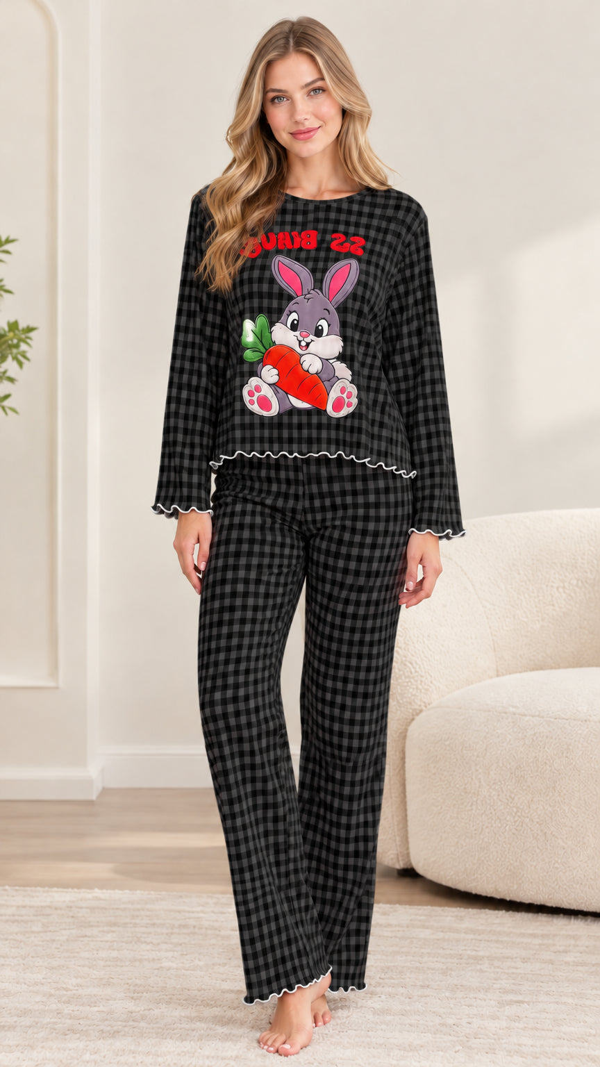 Front view of woman wearing black gingham bunny pajama set
