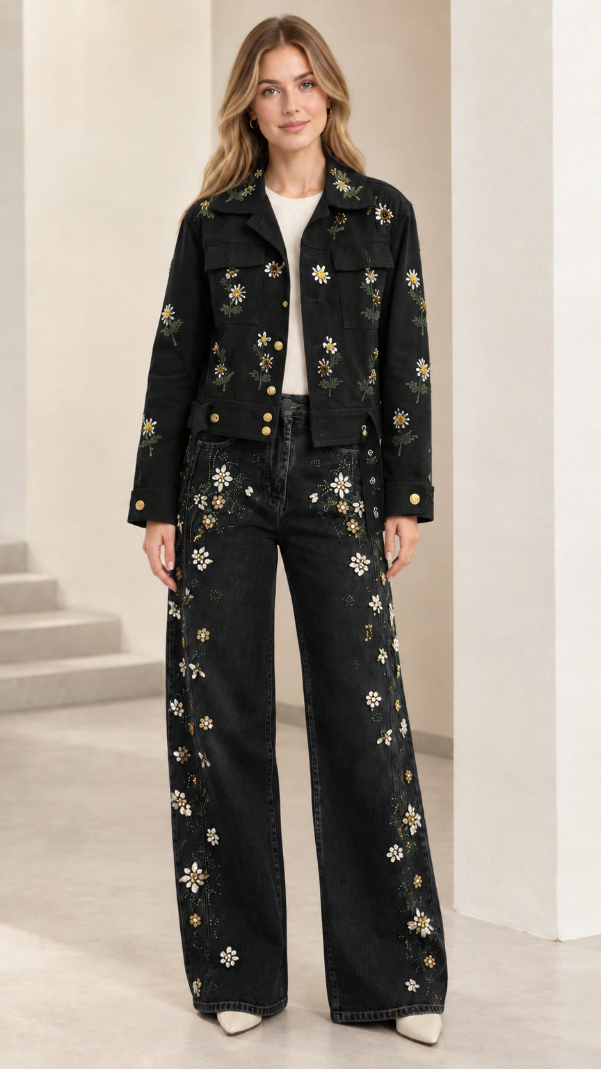 Full look featuring black floral embroidered utility jacket